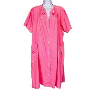 Vintage 80s Nite Mates Housecoat Womens Robe 2XL Pink White Polka Dot